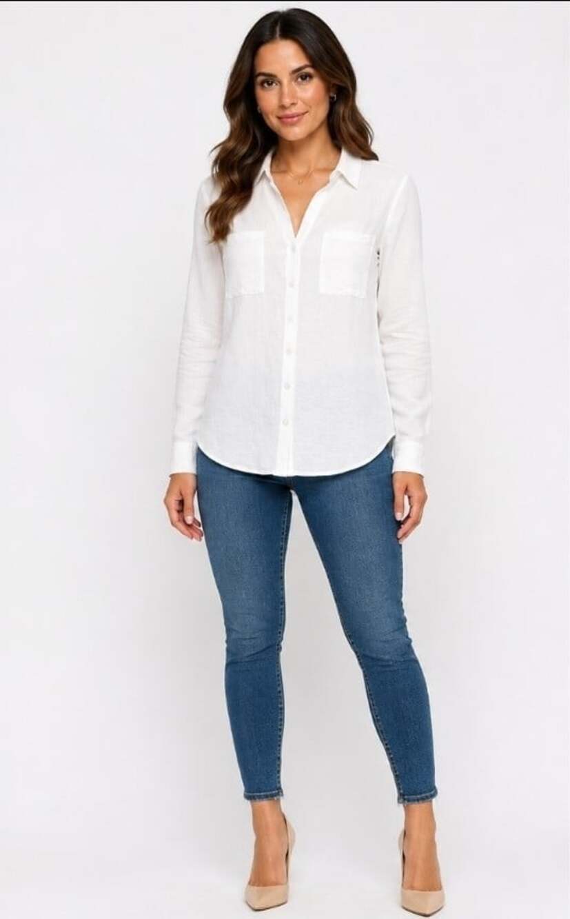 Fortune + Ivy Women's Long Sleeve Paula Button Shirt White Sz M NWT Stylish T90